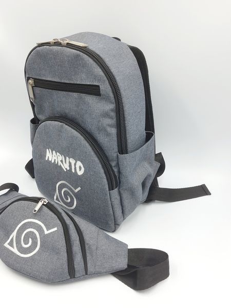 Шкільний комплект рюкзак і бананка з вишивкою Naruto Серый комплект фото